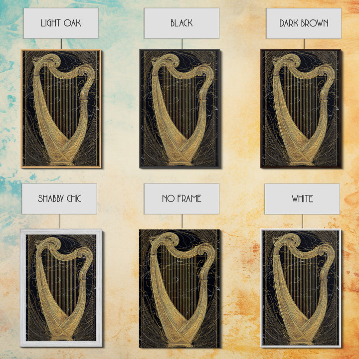 Golden Harp on Marble with Ornamental Lines – Canvas Gold Art, Canvas Art in Real Wood Frame, Classical Music Instrument Decor