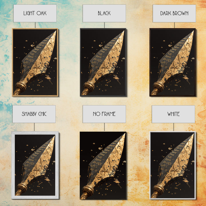 Inscribed Greek Spearhead in Motion Splash – Canvas Gold Art, Warrior Weapon Real Wood Framed Canvas Art, Spartan Weapon Decor