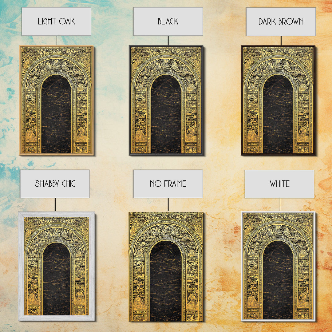 Ancient Greek Archway with Myth Scenes – Canvas Gold Art, Classical Panel Canvas Art with Real Wood Frame, Temple Wall Decor