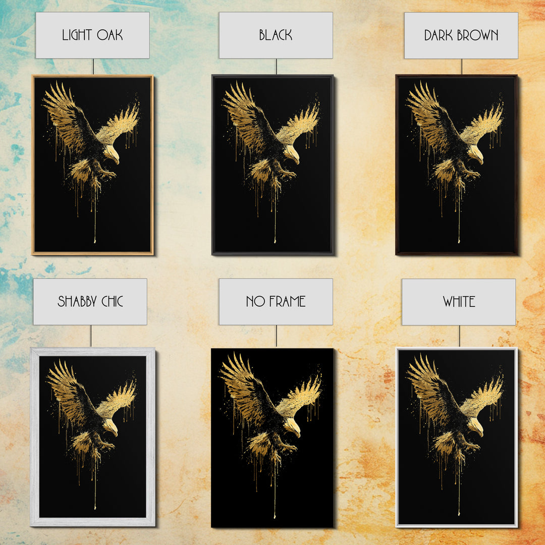 Flying Gold Splatter Eagle in Mid-Descent – Canvas Gold Art, Real Wood Framed Canvas Art, Dynamic Bird of Prey Wall Statement