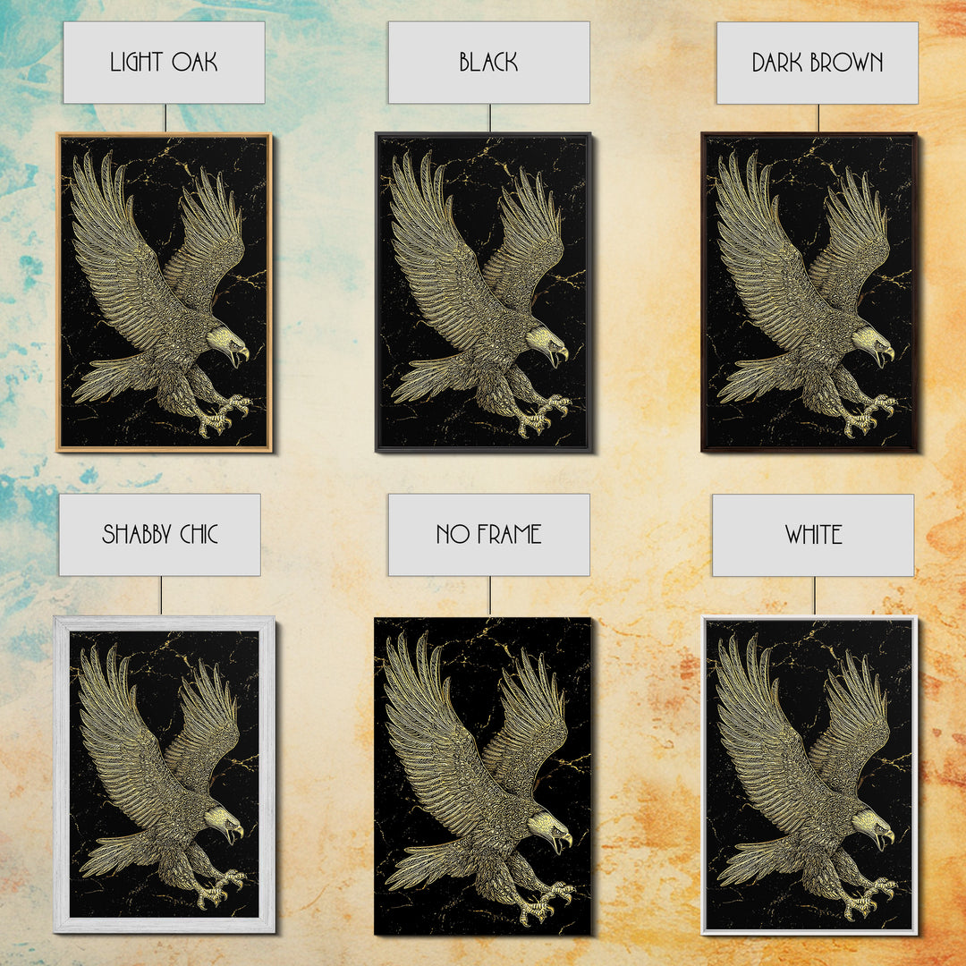 Detailed Golden Eagle with Spread Wings – Canvas Gold Art, Precision Linework Canvas Art in Real Wood Frame, Regal Animal Decor