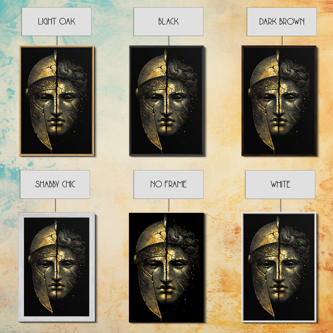 Ancient Warrior Mask Canvas Gold Canvas Print, Framed Canvas Wall Art with Real Wood Frame, Greek Helmet Cracked Kintsugi Decor