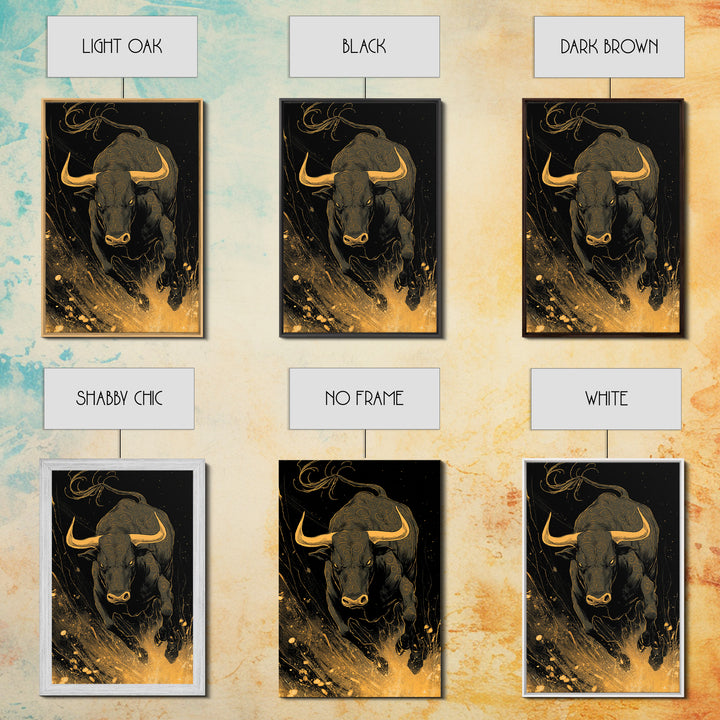 Bull Splash Canvas Gold Canvas Print, Framed Canvas Wall Art with Real Wood Frame, Powerful Charging Animal Black Gold Decor