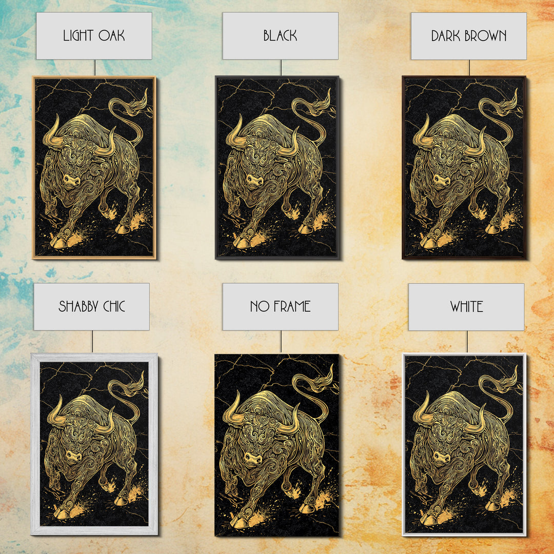 Ornate Bull Canvas Gold Canvas Print, Framed Canvas Wall Art with Real Wood Frame, Black and Gold Animal Decor for Luxury Home