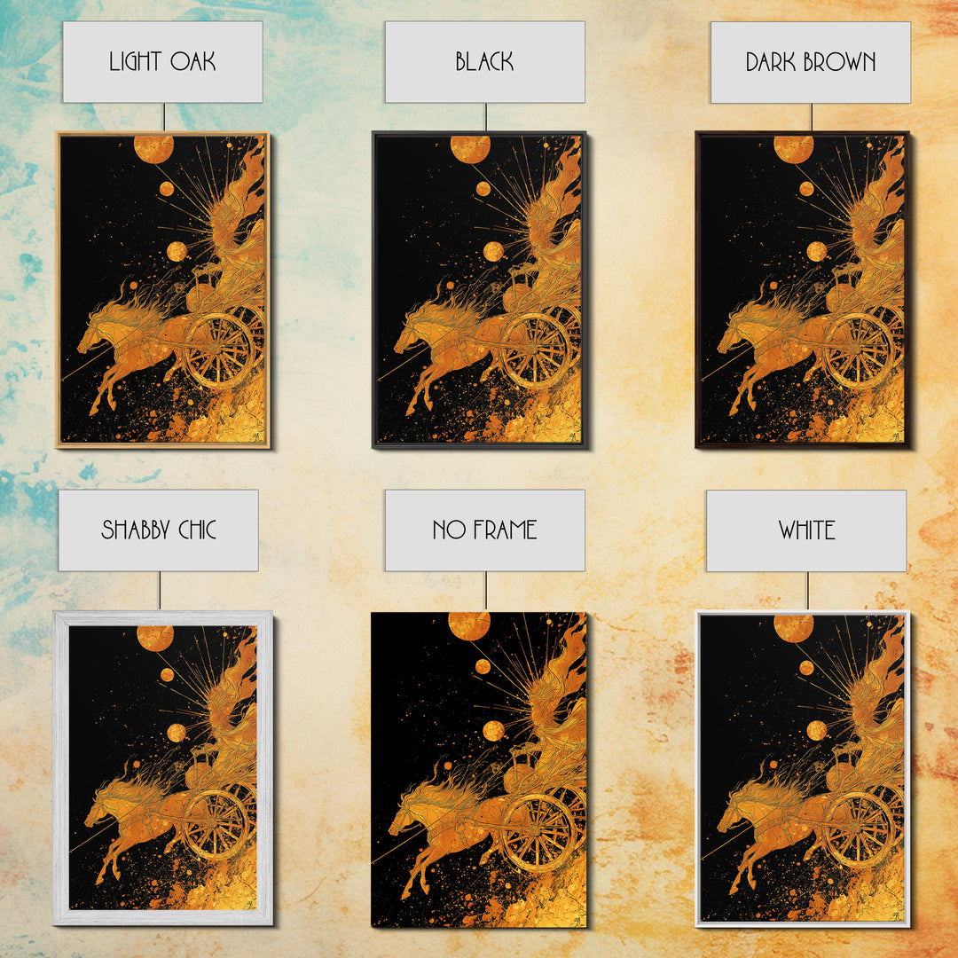 Celestial Chariot Canvas Gold Art, Framed Canvas Wall Art with Real Wood Frame, Radiant Greek Myth Sun and Horse Wall Decor
