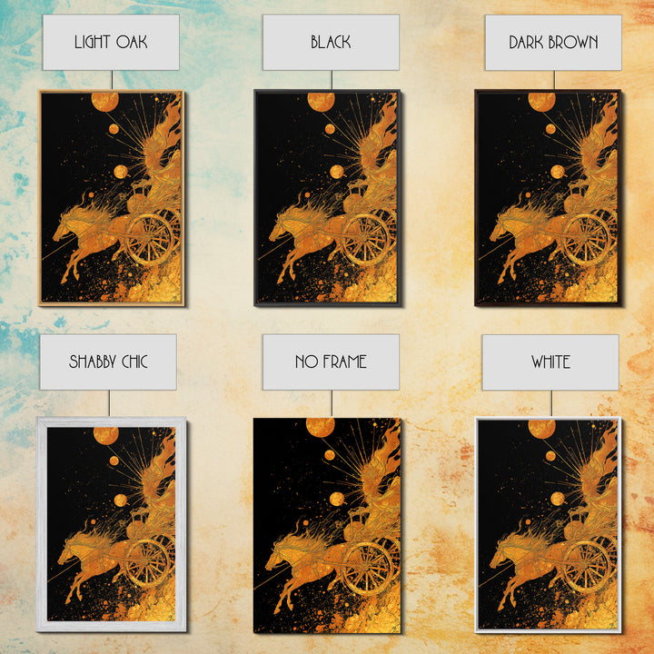 Celestial Chariot Canvas Gold Art, Framed Canvas Wall Art with Real Wood Frame, Radiant Greek Myth Sun and Horse Wall Decor
