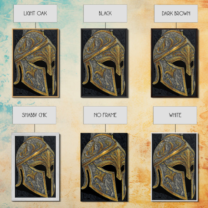 Ornate Spartan Helmet Canvas Gold Art – Intricate Ancient Warrior Wall Print on Canvas with Real Wood Frame – Greek Decor
