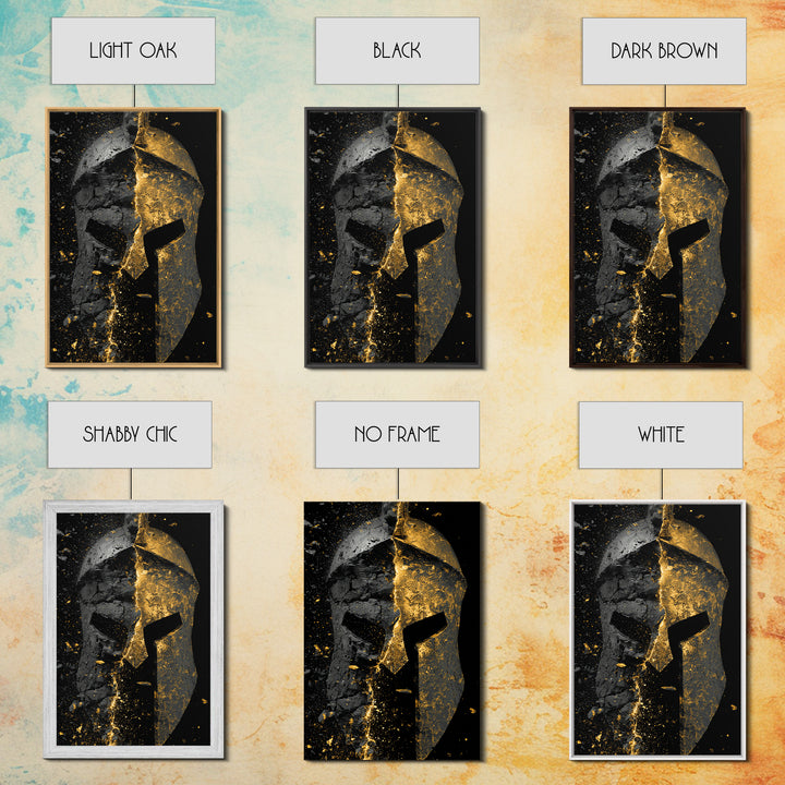 Shattered Spartan Helmet Canvas Gold Canvas Print – Half Black Rock Half Gold Warrior Art – Real Wood Frame Home Wall Decor