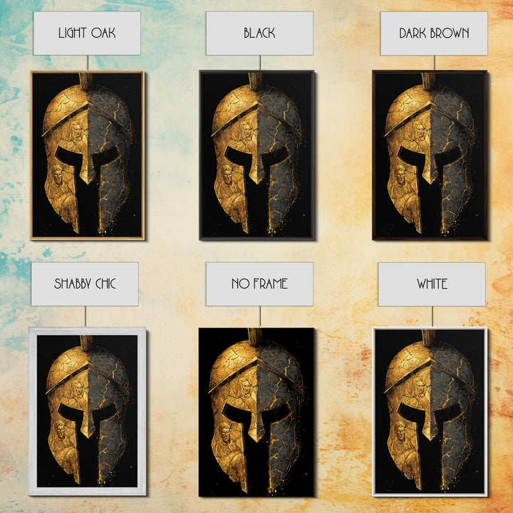 Cracked Warrior Helmet Canvas Gold Art – Ancient Greek Sparta Wall Canvas Print with Real Wood Frame – Bold Home Decor