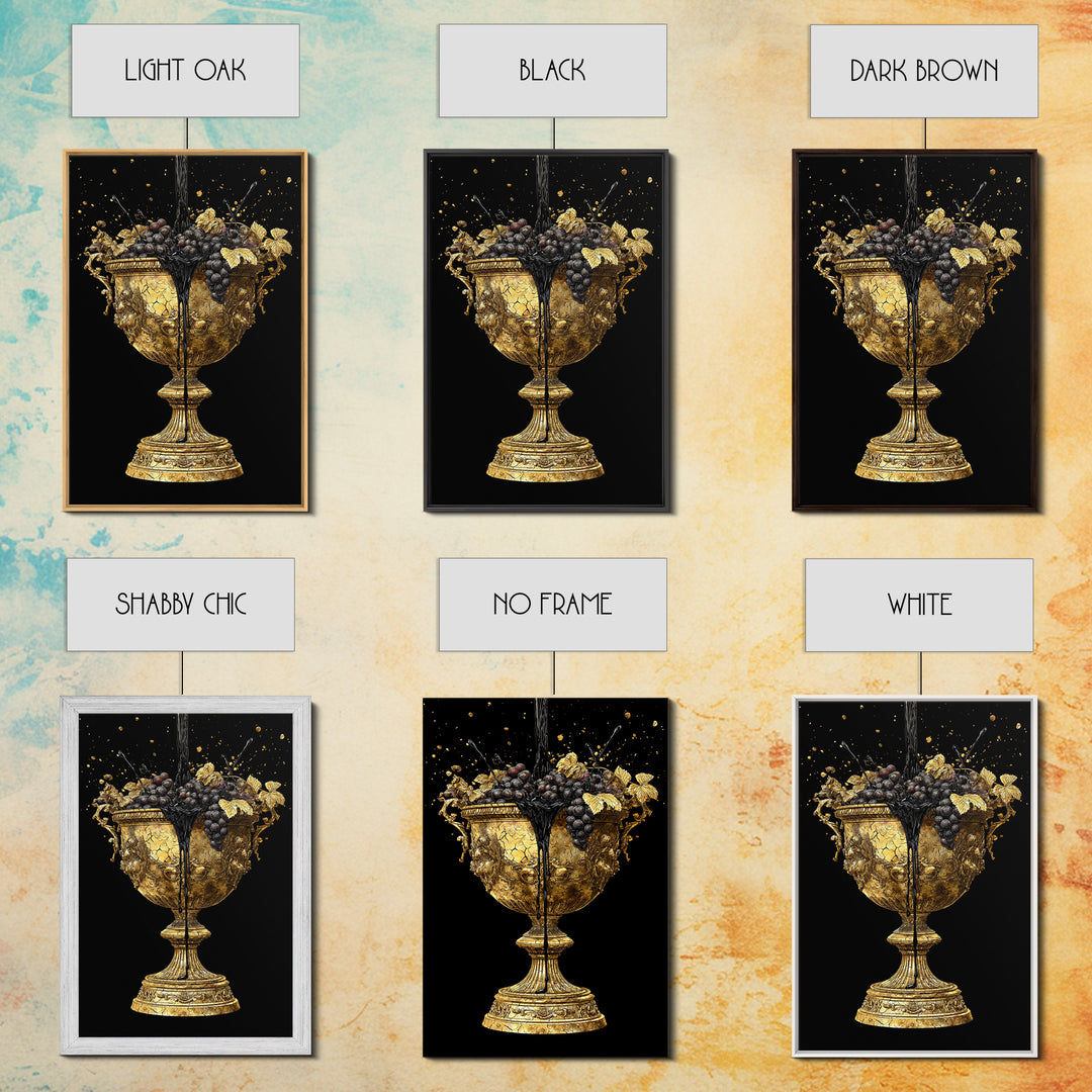 Luxurious Golden Chalice Canvas Gold Canvas Print – Grapes & Wine Still Life Wall Art with Real Wood Frame – Elegant Kitchen Decor