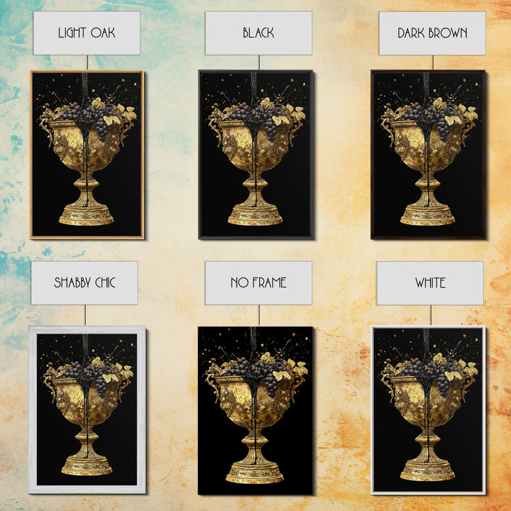 Luxurious Golden Chalice Canvas Gold Canvas Print – Grapes & Wine Still Life Wall Art with Real Wood Frame – Elegant Kitchen Decor