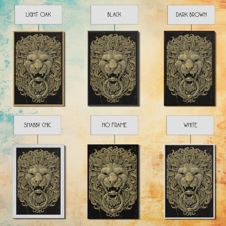 Vintage Lion Head Door Knocker Canvas Gold Canvas Print with Real Wood Frame – Bold Statement Wall Art