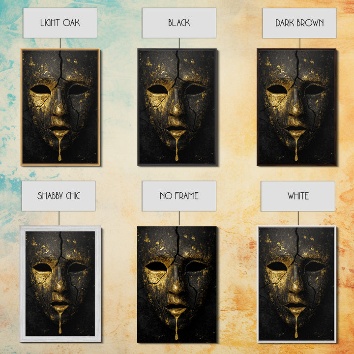 Cracked Gold Mask Canvas Gold Canvas Print with Real Wood Frame – Dark Dramatic Statement Wall Art