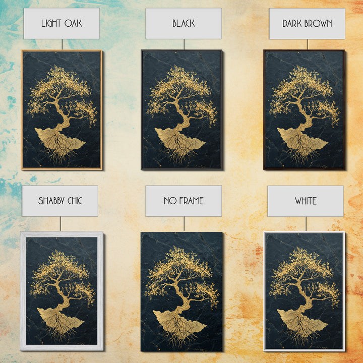 The Gilded Bonsai – Roots Anchored in Stone and Time, Canvas Art, Canvas Gold Print, Canvas Wall Art, Man Cave Decor