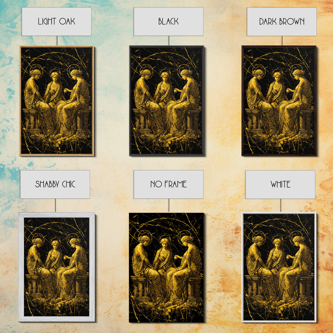 The Three Graces – Canvas Gold Canvas Print – Greek Goddess Wall Art with Real Wood Frame for Elegant Classical Room Decor