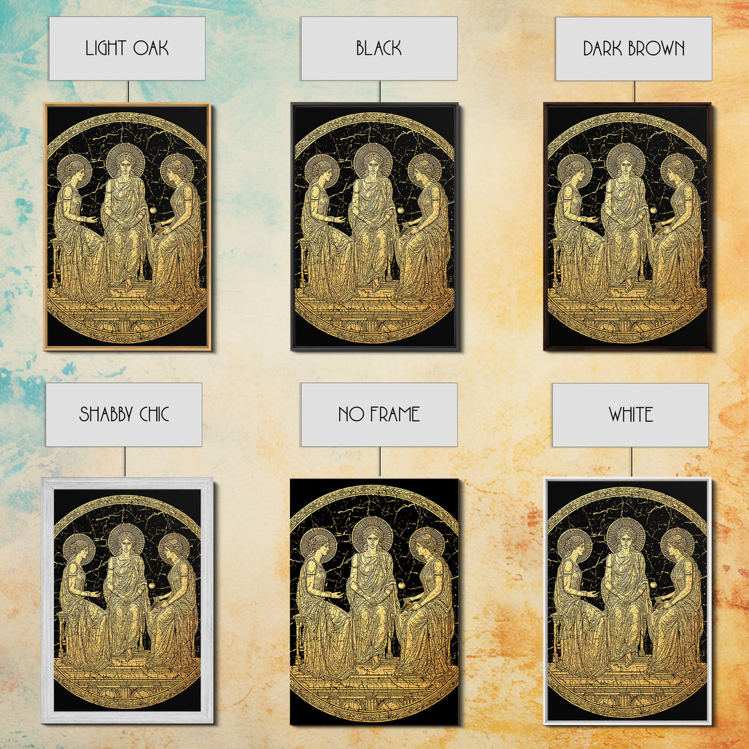 Golden Three Goddesses – Canvas Gold Canvas Print – Classical Greek Wall Art with Real Wood Frame for Mythology Lovers