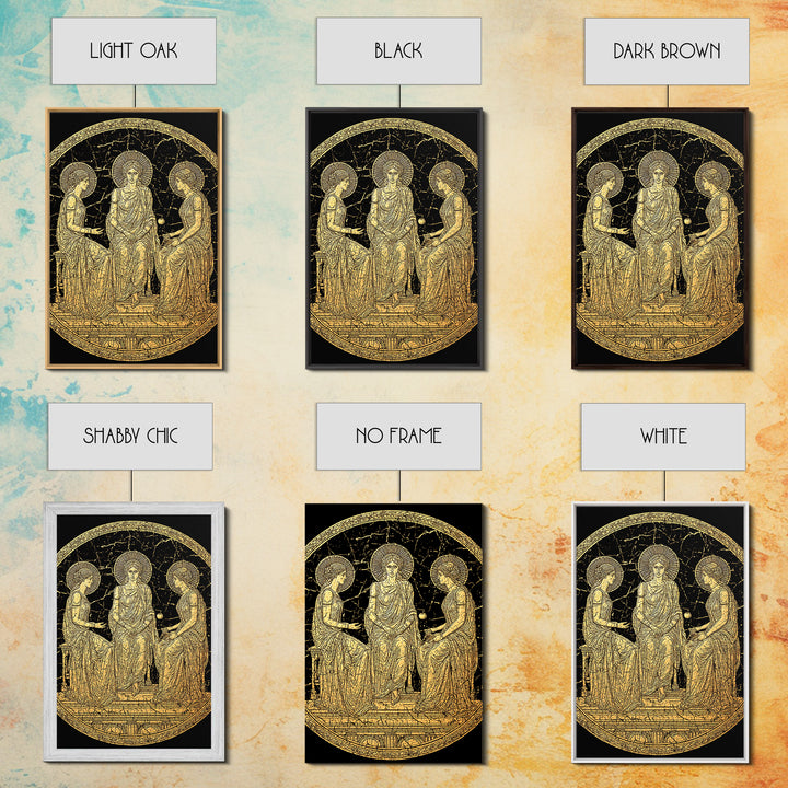 Golden Three Goddesses – Canvas Gold Canvas Print – Classical Greek Wall Art with Real Wood Frame for Mythology Lovers