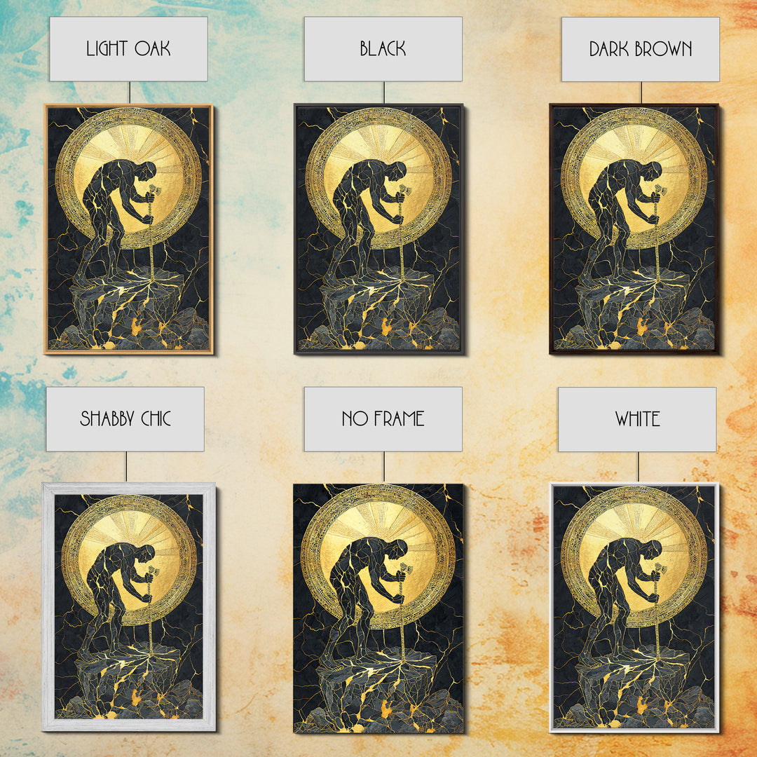 Man with Sword and Sun – Canvas Gold Canvas Print – Heroic Mythology Wall Art with Real Wood Frame for Powerful Home Accent