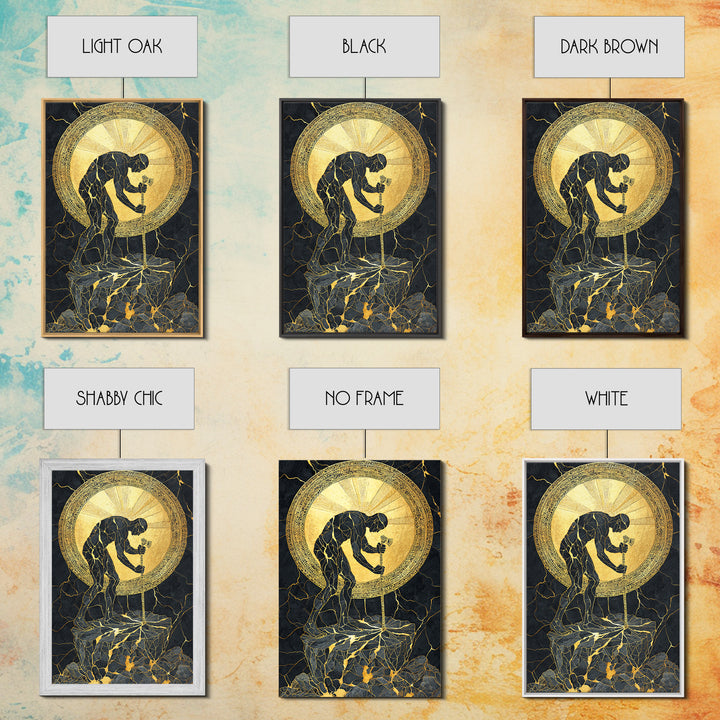 Man with Sword and Sun – Canvas Gold Canvas Print – Heroic Mythology Wall Art with Real Wood Frame for Powerful Home Accent