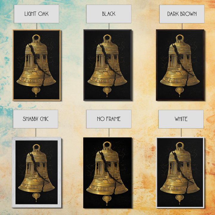 Cracked Temple Bell – Canvas Gold Canvas Print – Ancient Ruins Wall Art with Real Wood Frame for History and Myth Lovers