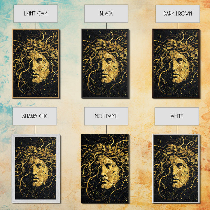 Apollo Greek Statue Canvas Gold Canvas Print, Mythological Music And Light Inspired Art, Real Wood Framed Wall Decoration