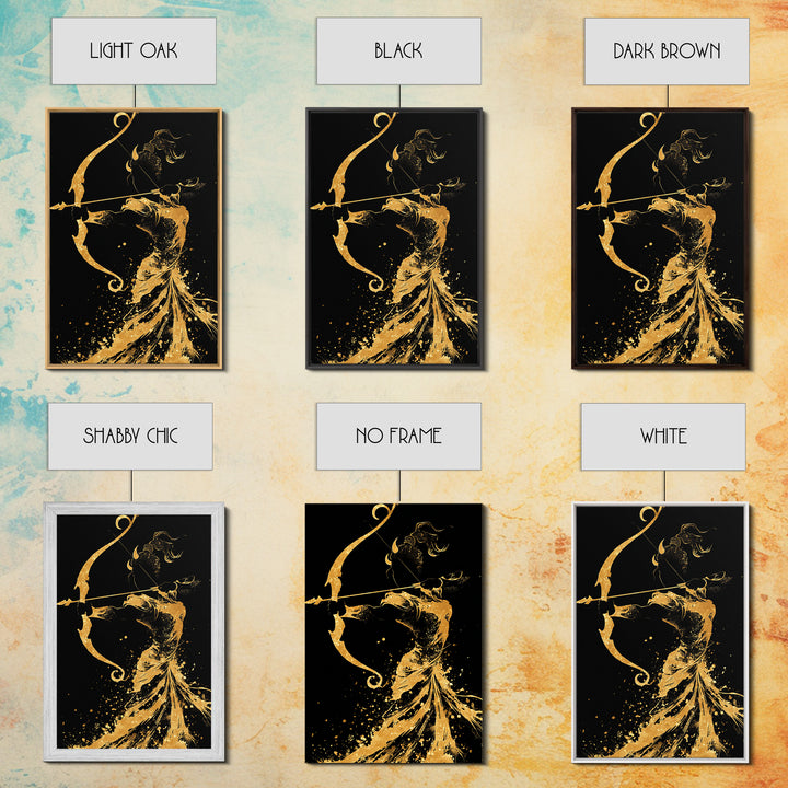 Artemis Goddess Canvas Gold Canvas Print, Greek Mythology Archer Huntress Artwork, Real Wood Framed Ancient Decorative Wall Art