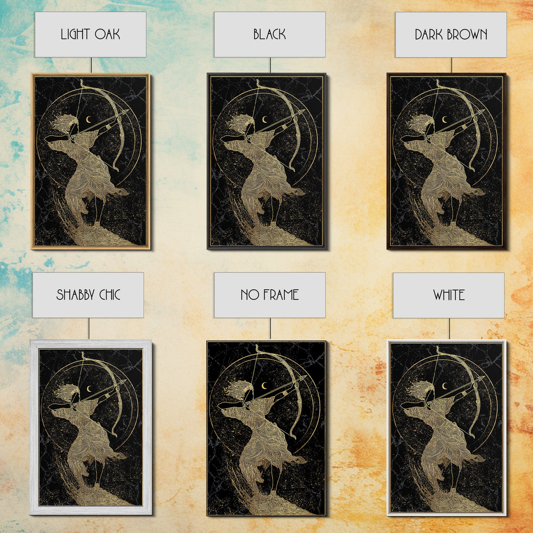Divine Archer Artemis Illustration, Canvas Gold Canvas Print, Real Wood Frame, Greek Goddess Wall Hanging, Myth Art Decor