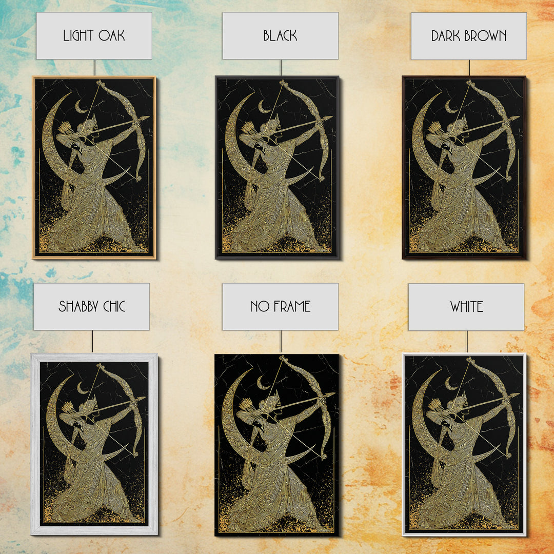Artemis Lunar Goddess Archery Scene, Canvas Gold Art Print, Real Wood Frame, Mythology Wall Art, Elegant Greek Decor
