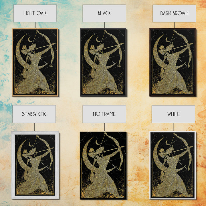Artemis Lunar Goddess Archery Scene, Canvas Gold Art Print, Real Wood Frame, Mythology Wall Art, Elegant Greek Decor