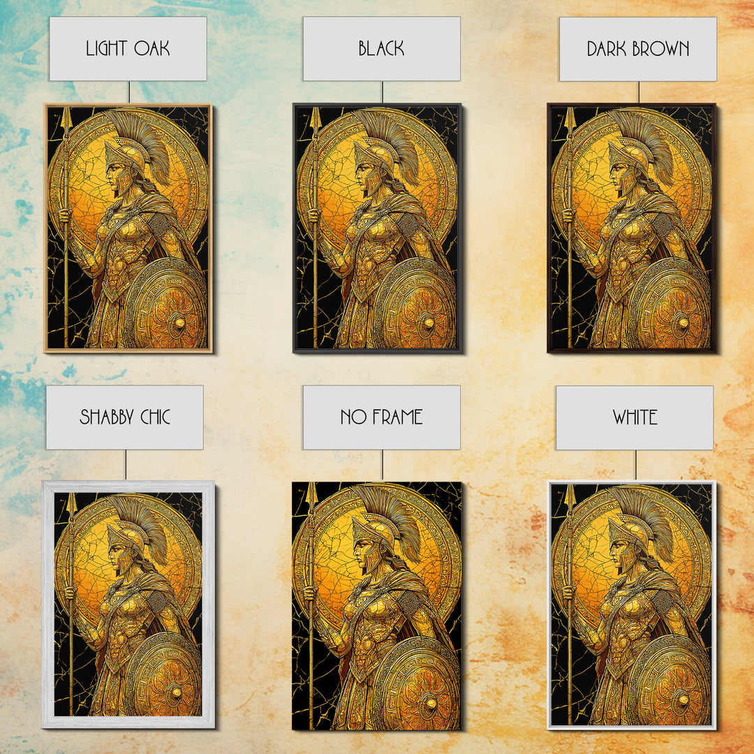 Athena Warrior Goddess With Spear And Shield, Canvas Gold Canvas Print, Real Wood Frame, Greek Myth Wall Art, Strength Decor