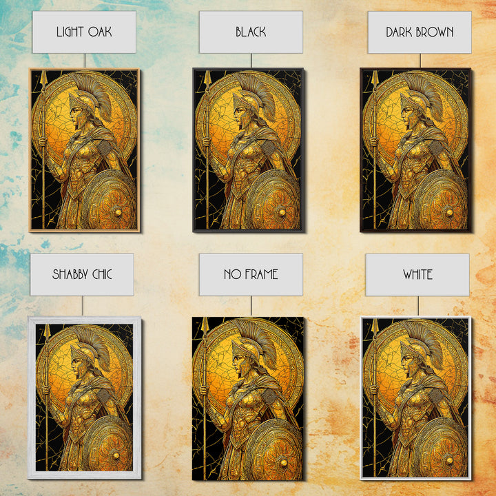 Athena Warrior Goddess With Spear And Shield, Canvas Gold Canvas Print, Real Wood Frame, Greek Myth Wall Art, Strength Decor