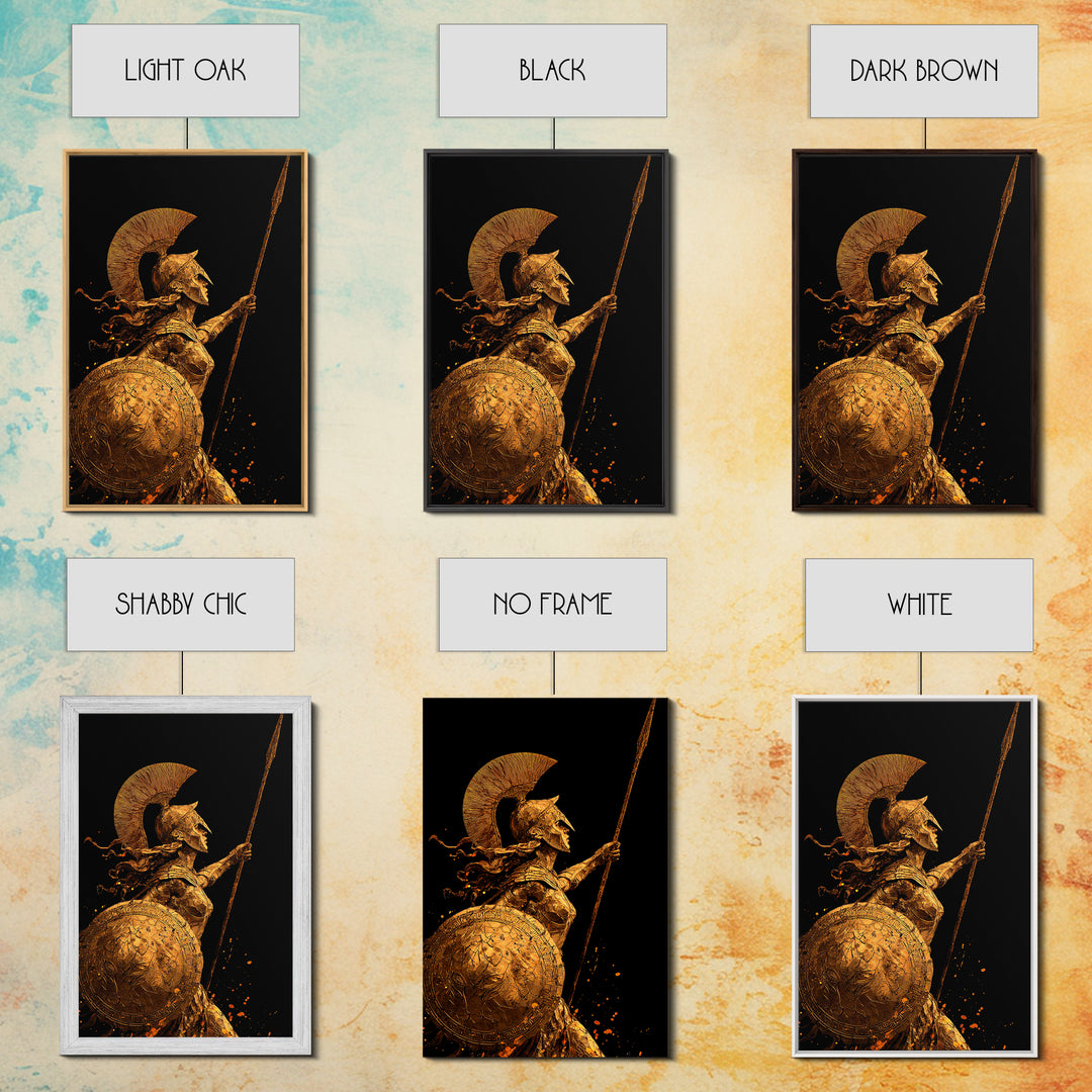 Athena Warrior Goddess With Spear And Shield, Canvas Gold Canvas Print, Real Wood Frame, Greek Mythology Wall Art