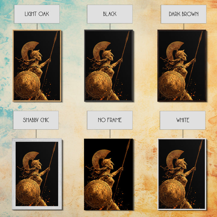 Athena Warrior Goddess With Spear And Shield, Canvas Gold Canvas Print, Real Wood Frame, Greek Mythology Wall Art