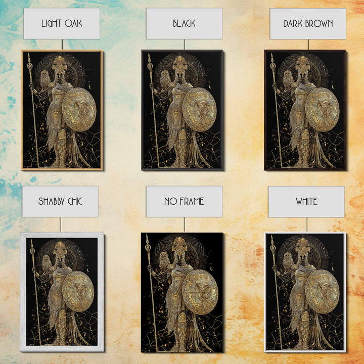 Athena With Owl And Shield Of Wisdom, Canvas Gold Art Print, Real Wood Frame, Ancient Greek Mythology Warrior Decor