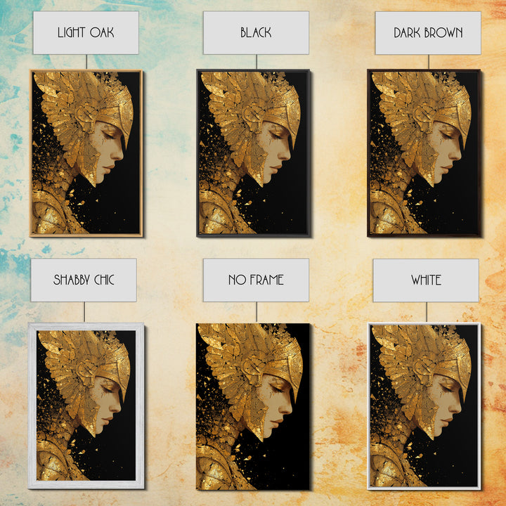 Athena Close Up Portrait In Armor, Canvas Gold Canvas Print, Real Wood Frame, Greek Goddess Warrior Mythology Wall Art