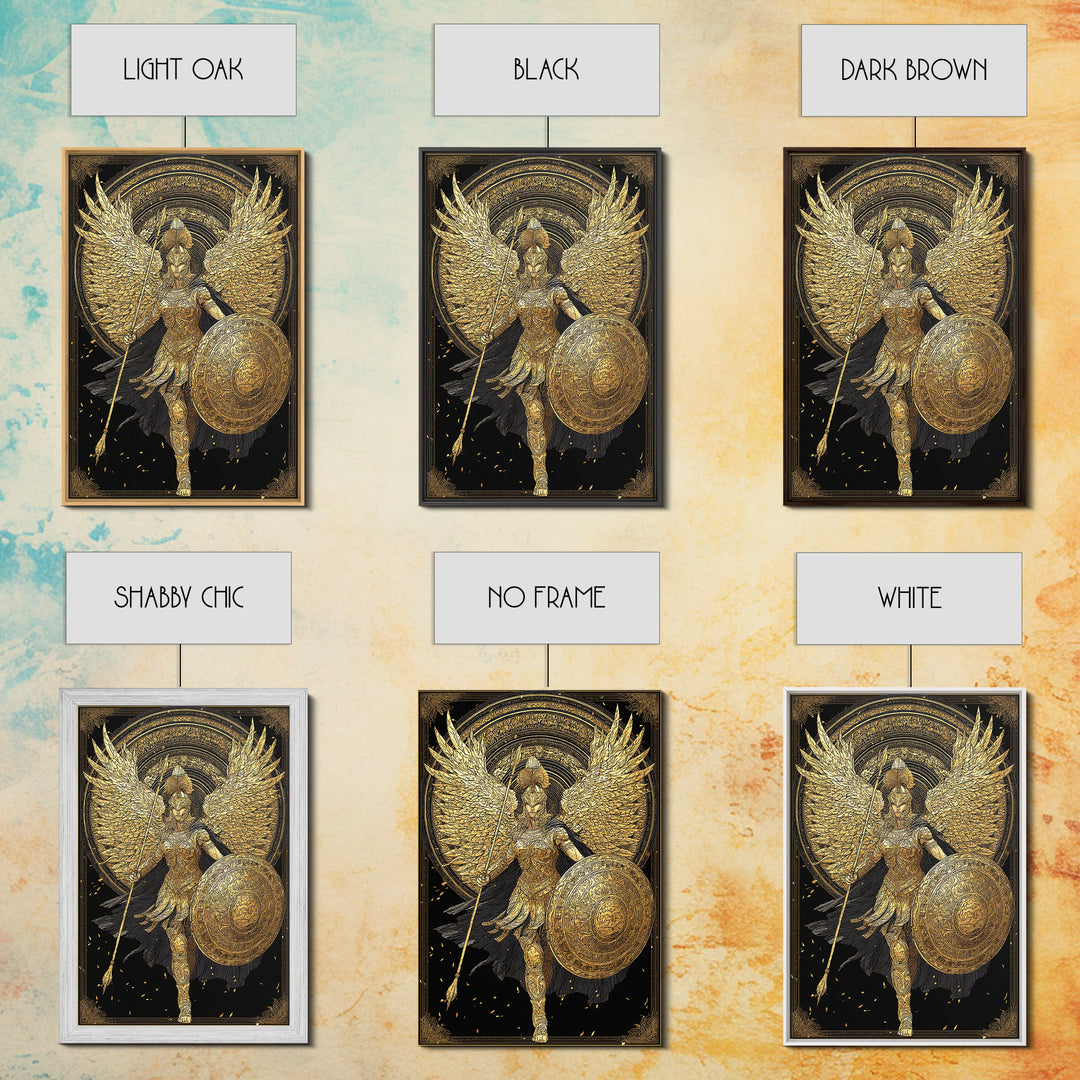 Athena Winged Warrior Goddess With Shield, Canvas Gold Art Print, Real Wood Frame, Greek Mythology Goddess Wall Decor