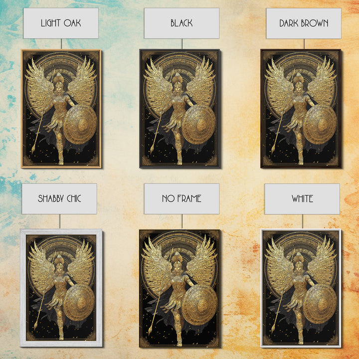 Athena Winged Warrior Goddess With Shield, Canvas Gold Art Print, Real Wood Frame, Greek Mythology Goddess Wall Decor