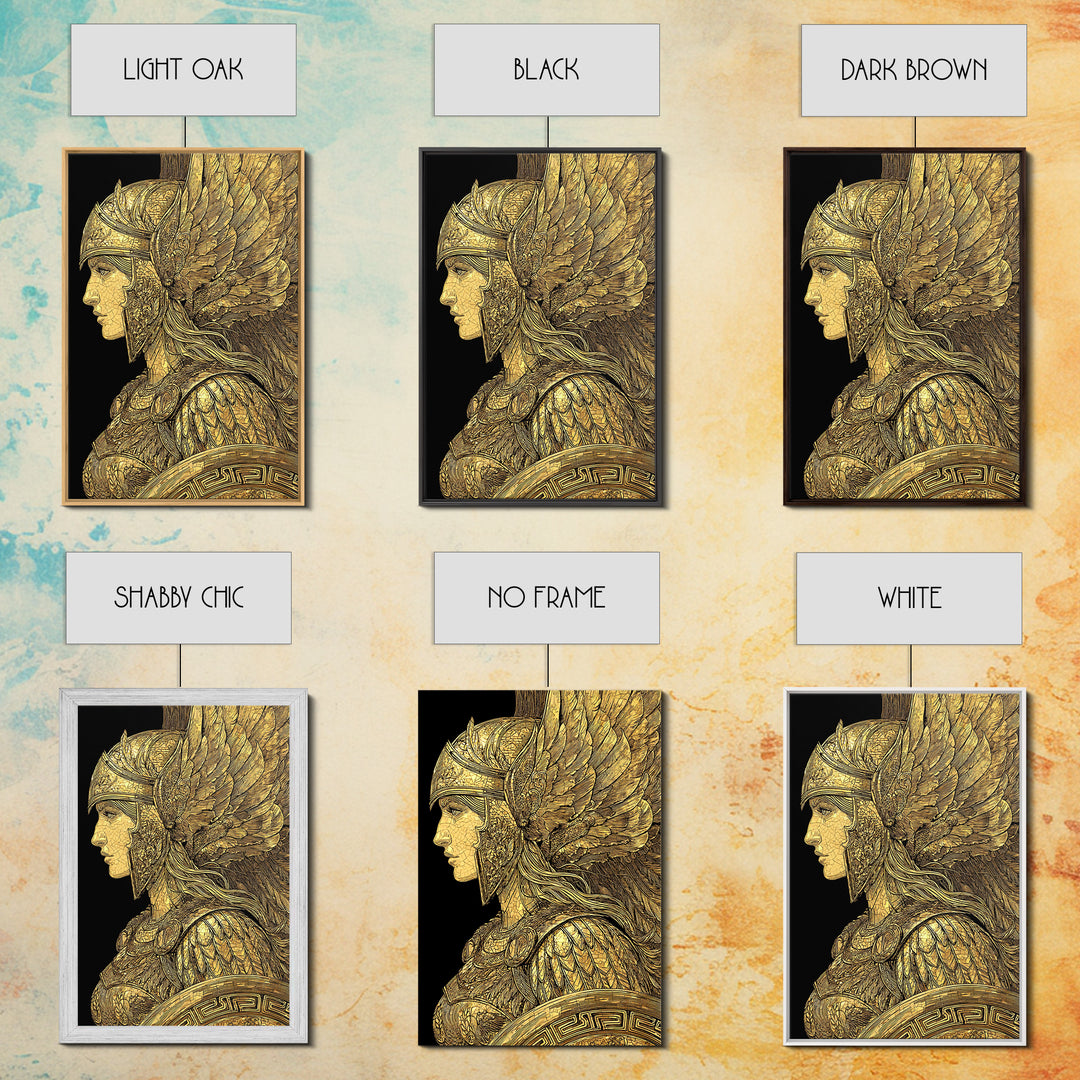 Athena Warrior Goddess Profile With Wings, Canvas Gold Art Print, Real Wood Frame, Greek Mythology Goddess Wall Art
