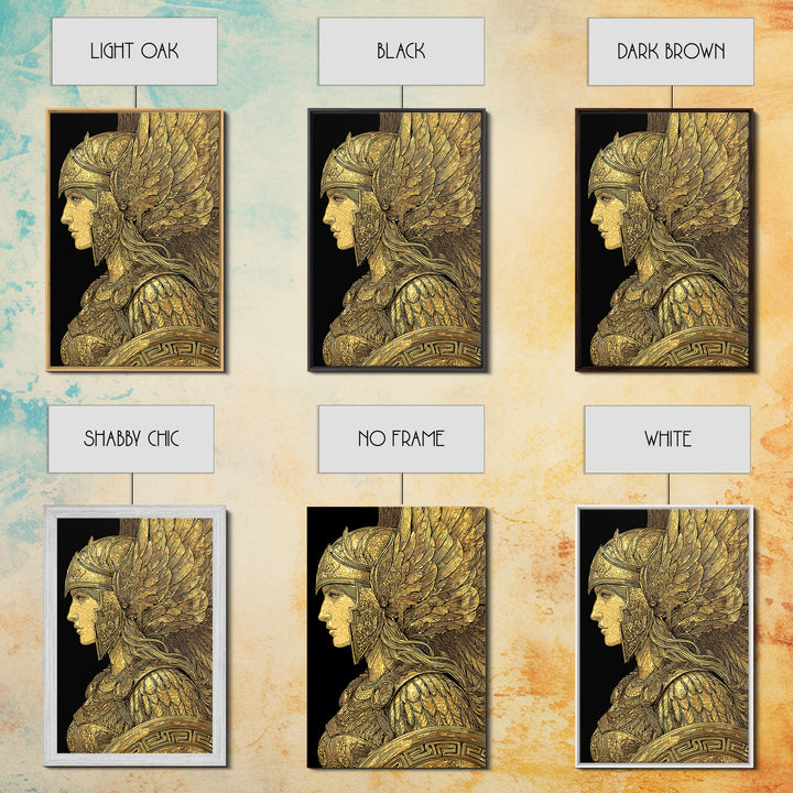 Athena Warrior Goddess Profile With Wings, Canvas Gold Art Print, Real Wood Frame, Greek Mythology Goddess Wall Art