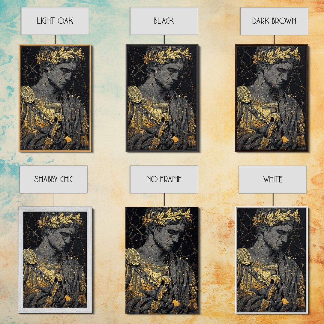 Roman Emperor Bust With Laurel Crown, Canvas Gold Canvas Print, Classical Sculpture Wall Art, Real Wood Frame Home Decor