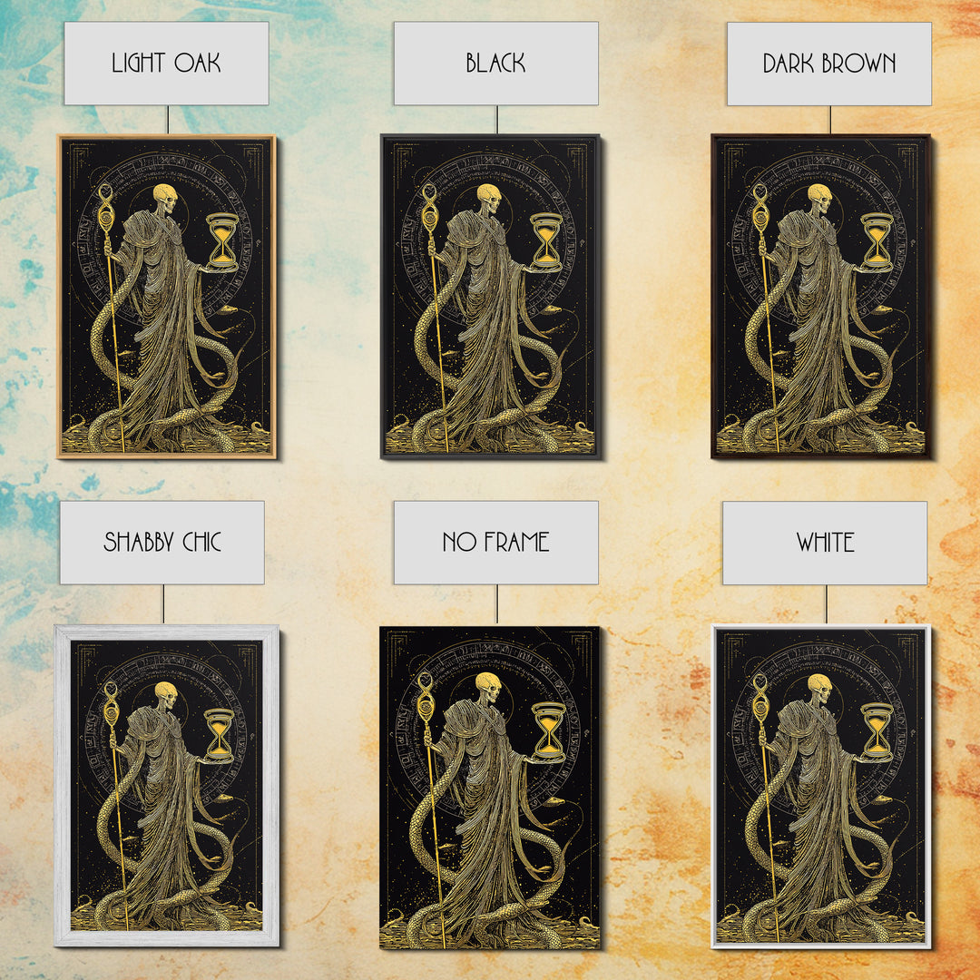 Chronos Canvas Gold Canvas Print, Mythological Skeleton Holding Hourglass, Esoteric Wall Art, Real Wood Framed Artwork