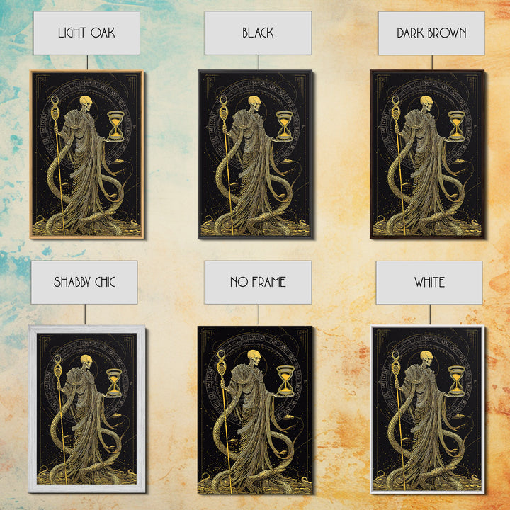 Chronos Canvas Gold Canvas Print, Mythological Skeleton Holding Hourglass, Esoteric Wall Art, Real Wood Framed Artwork