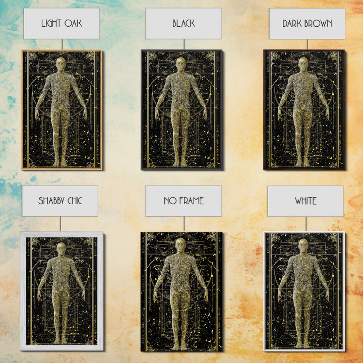 Vitruvian Human Anatomy Canvas Gold Canvas Print, Sacred Geometry Wall Art, Celestial Body Illustration, Real Wood Frame Decor