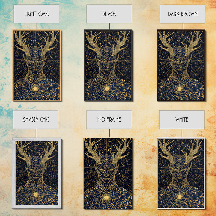 Geometric Antler God Artwork, Canvas Gold Art Print, Mythology Constellation Wall Decor, Cosmic Style, Real Wood Frame