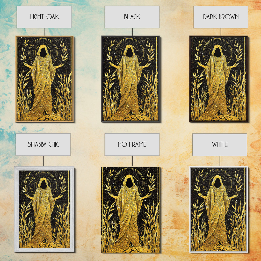 Mystical Hooded Figure Artwork, Canvas Gold Art Print, Mythology Spiritual Wall Decor, Divine Goddess Style, Real Wood Frame