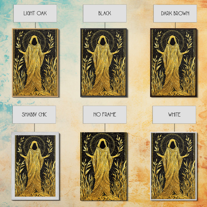 Mystical Hooded Figure Artwork, Canvas Gold Art Print, Mythology Spiritual Wall Decor, Divine Goddess Style, Real Wood Frame