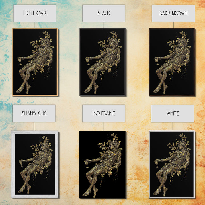 Resting God With Wine Artwork, Canvas Gold Canvas Print, Mythology Dionysus Inspired Wall Art, Mosaic Style, Real Wood Frame