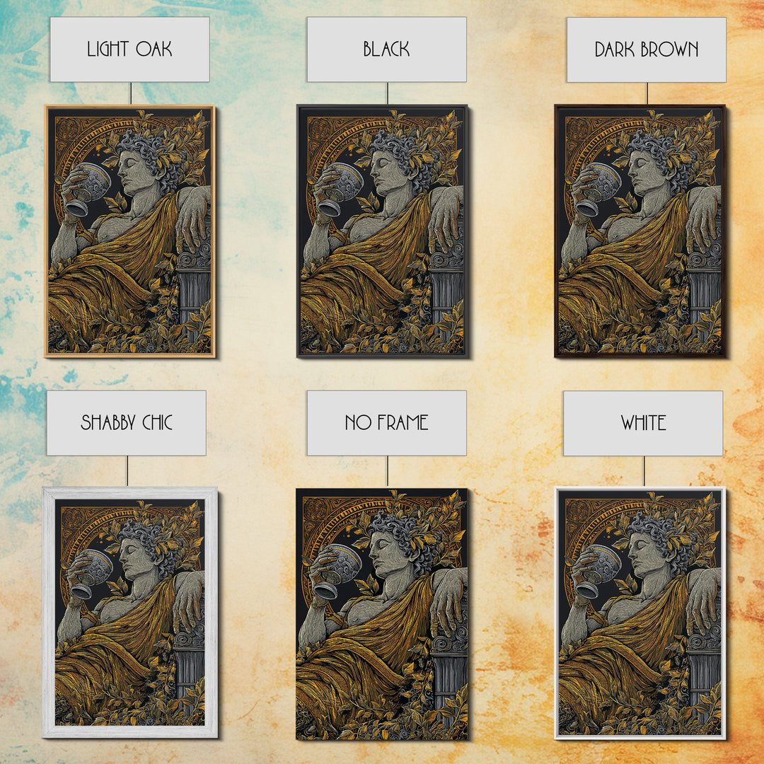 Reclining God With Chalice Artwork, Canvas Gold Art Print, Mythology Inspired Wall Decor, Classical Greek Style, Real Wood Frame