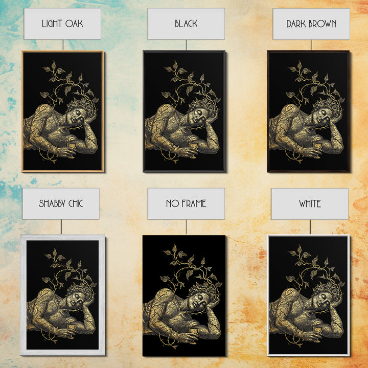 Sleeping God With Vines Artwork, Canvas Gold Art Print, Mythology Dionysus Inspired Wall Decor, Mosaic Style, Real Wood Frame
