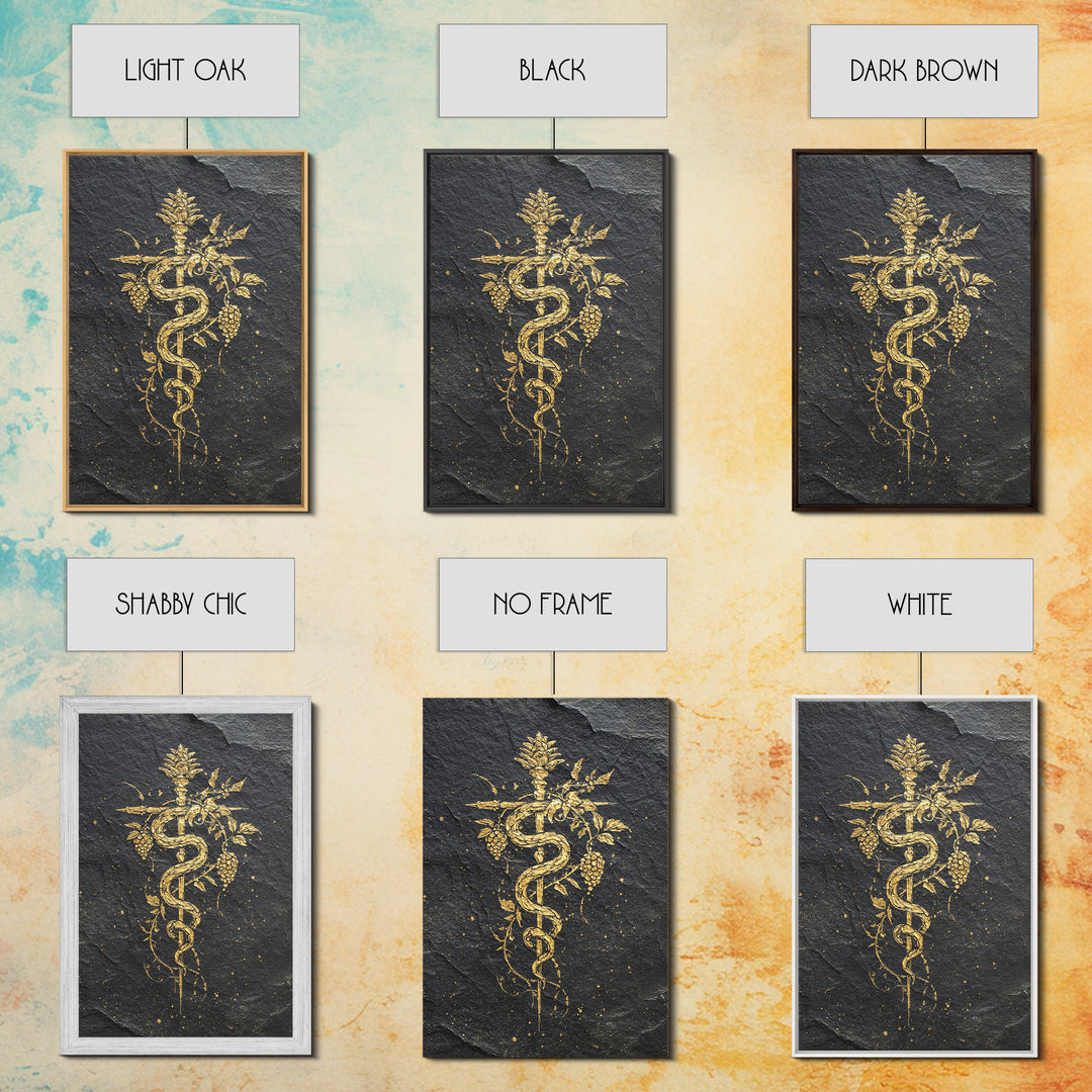 Mythical Serpent Staff Canvas Gold Canvas Print, Ancient Symbolic Snake Art, Luxury Decor With Real Wood Frame